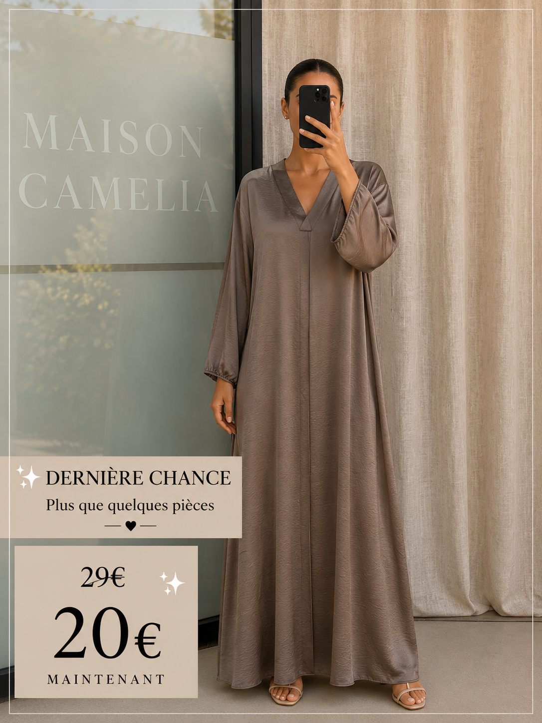 Robe satinée taupe